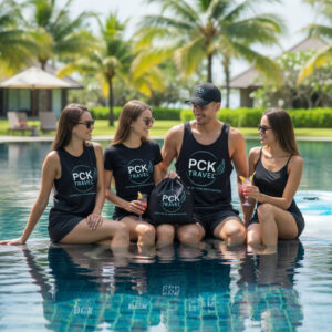 Group of models wearing PCK Travel tank tops standing together in a resort swimming pool