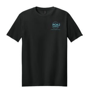 A black T-Shirt with the PCK Travel aqua logo .