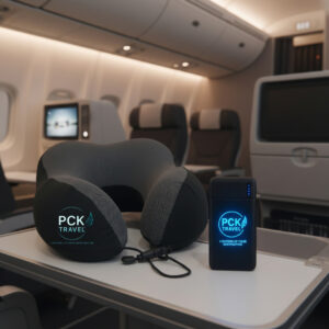 PCK Travel memory foam neck pillow and branded power bank placed on airplane tray table during flight