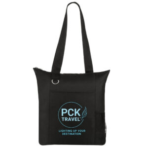 A product photo with a white background featuring a black infinity tote bag and a gradient PCK Travel logo.