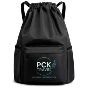 A product photo with a white background featuring a black drawstring bag and a gradient PCK Travel logo.
