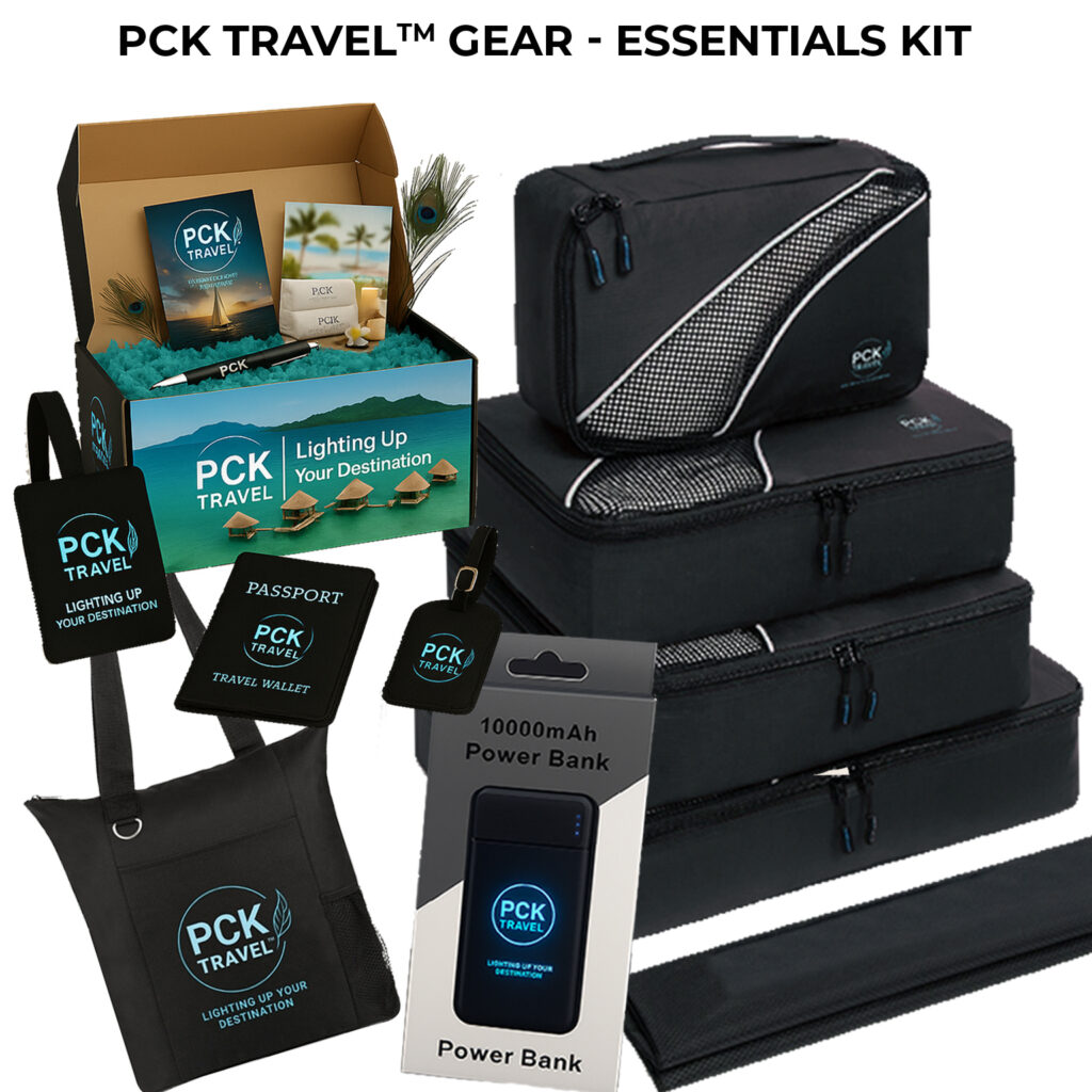 PCK Travel Gear Essential Kit featuring organizer bags, tote, passport wallet, luggage tag, power bank, postcards, and branded storage box