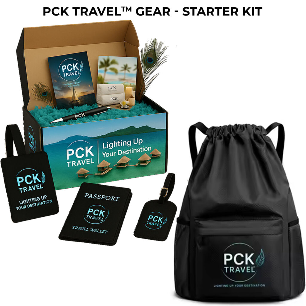 PCK Travel Gear Starter Kit featuring drawstring bag, passport travel wallet, luggage tag, postcards, pen, and First Edition PCK Travel storage box