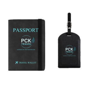 PCK Travelâ„¢ black passport wallet and matching luggage tag with PCK Travel logo and feather design on a white background.