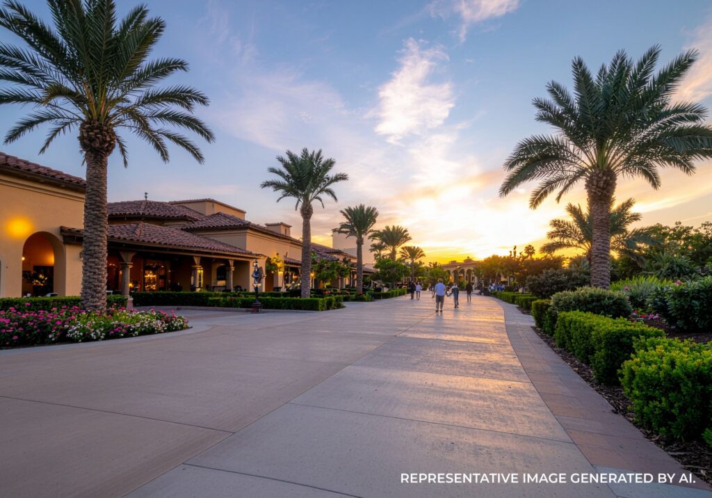Palm lined resort walkway at sunset in Southern California with landscaped gardens