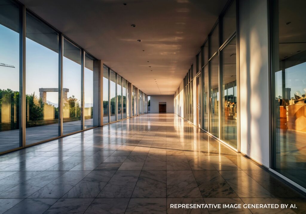 Modern museum hallway with glass walls and reflections in Athens, Greece