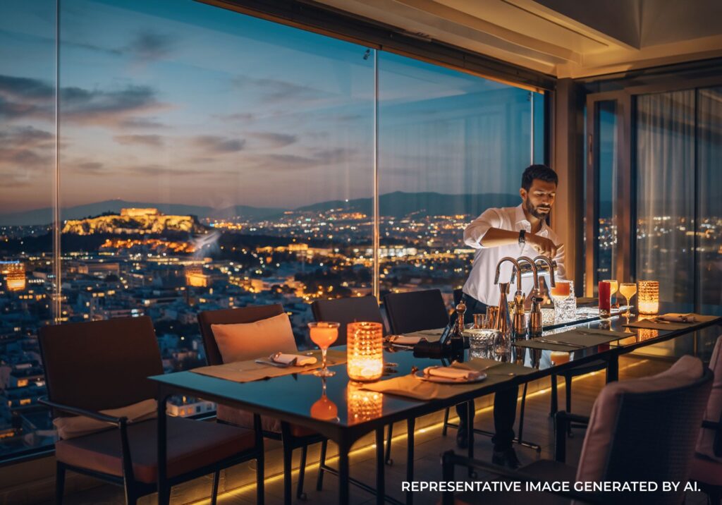 Rooftop restaurant with view of Athens at night