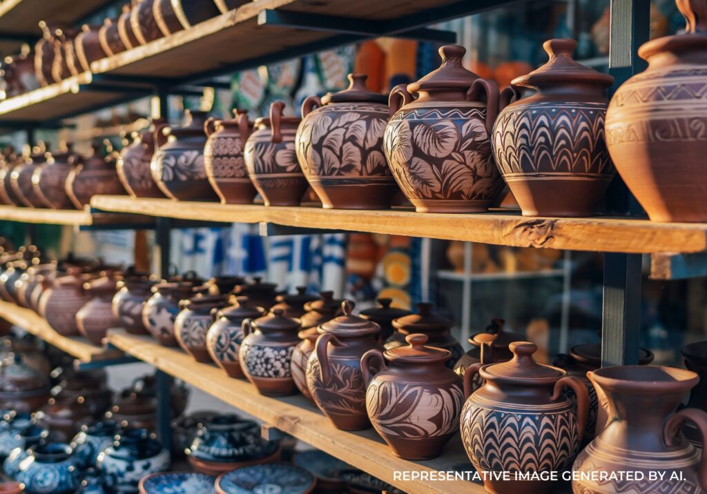 Shelves of traditional Greek pottery in a shop in Athens, Greece