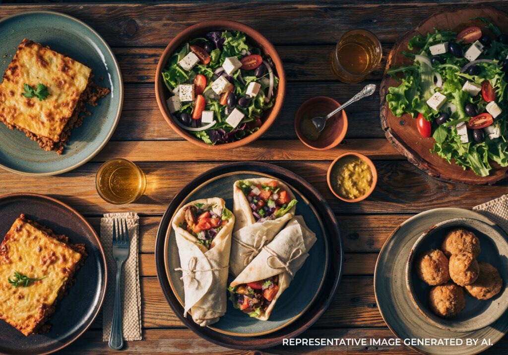 Overhead view of Greek meze plates on a rustic wooden table in Athens, Greece
