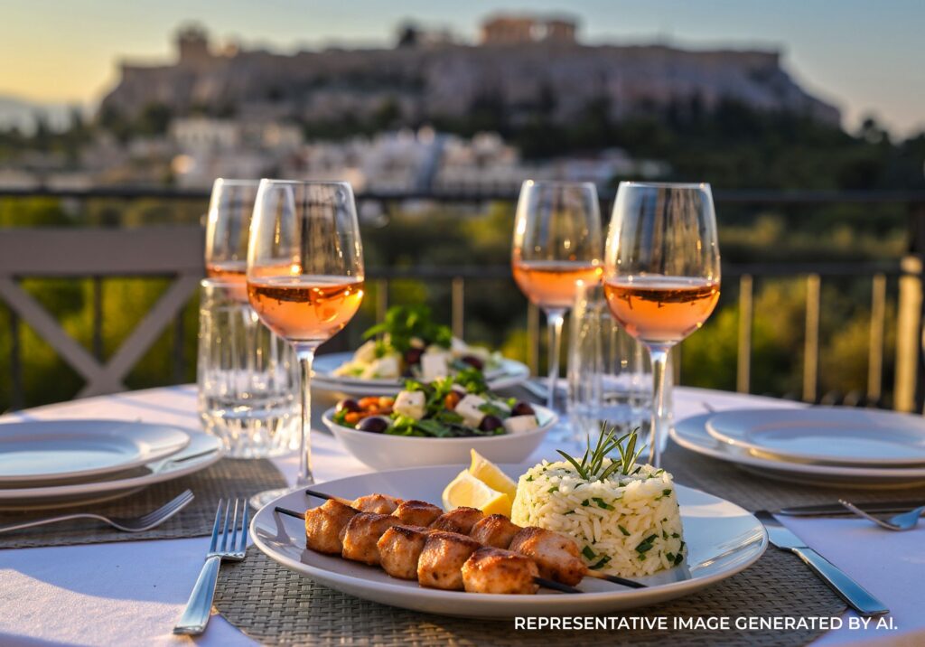 Outdoor dining table with food and wine overlooking Athens, Greece
