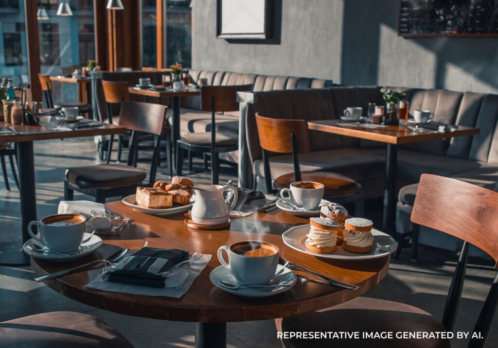 Cozy café interior with brunch dishes and coffee in Athens, Greece