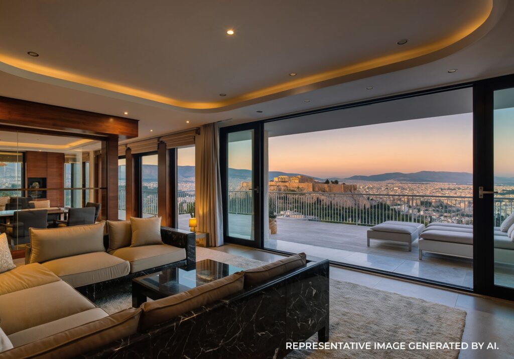Luxury hotel suite with panoramic Acropolis view at sunset in Athens, Greece