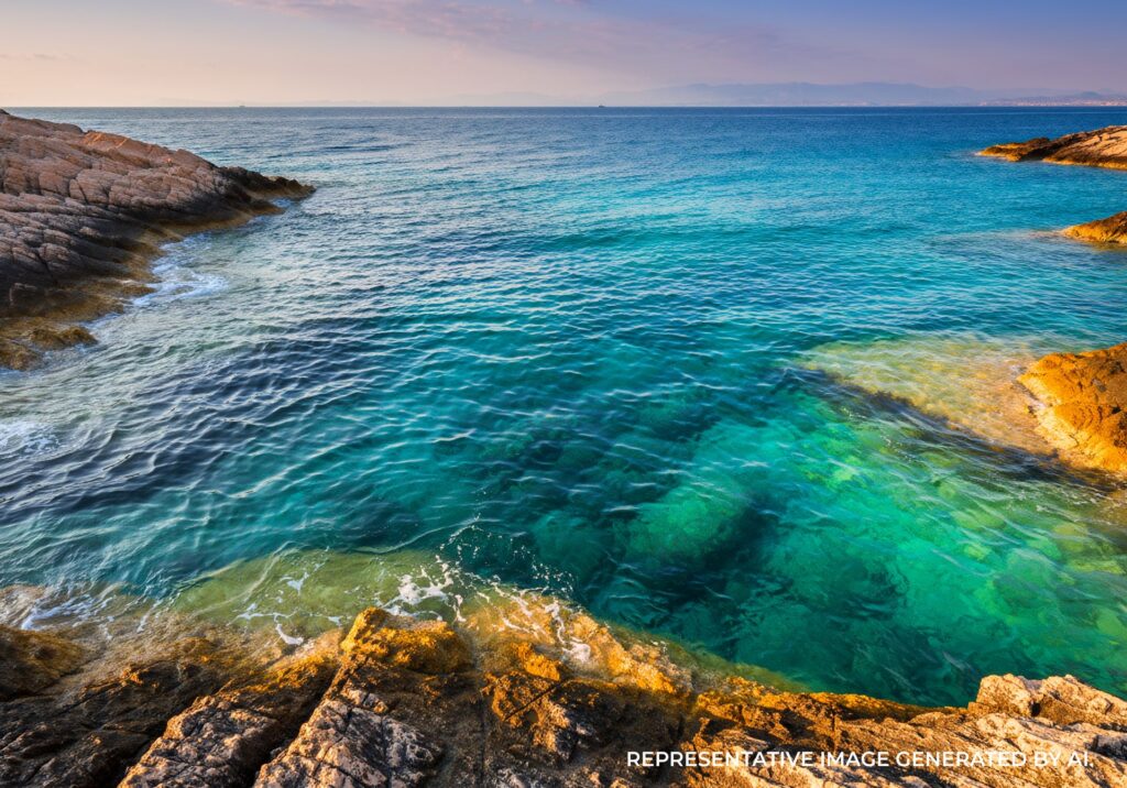 Ocean view from rocky cliff on a sunny day in Athens, Greece