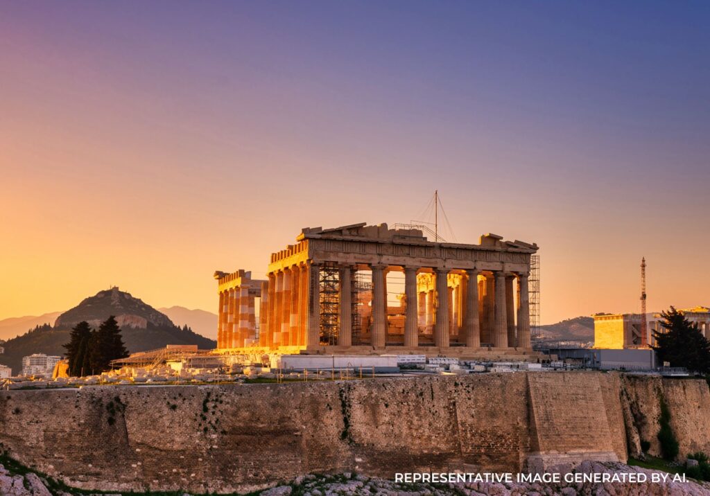 Ancient Greek temple glowing at sunset in Athens, Greece