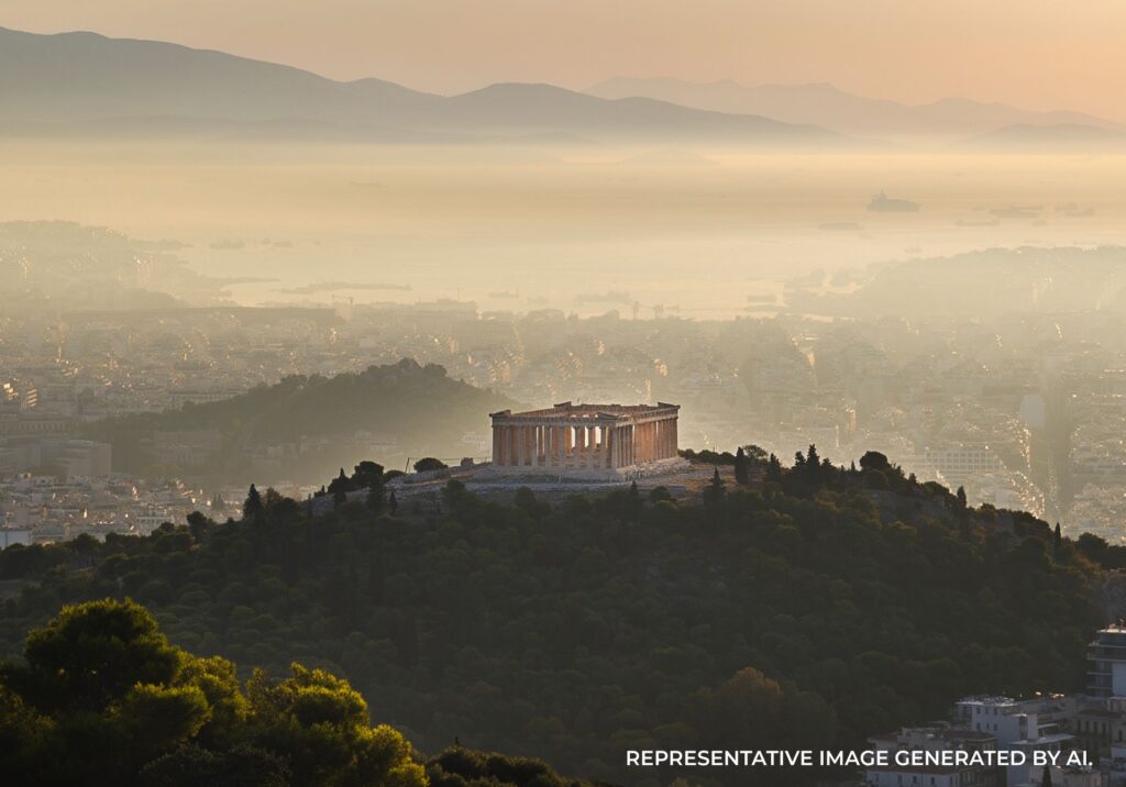 Ancient temple on a hilltop at sunrise in Athens, Greece