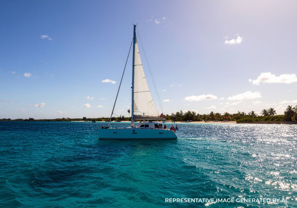 Sailboat cruising over calm turquoise water on a bright sunny Bahamas day