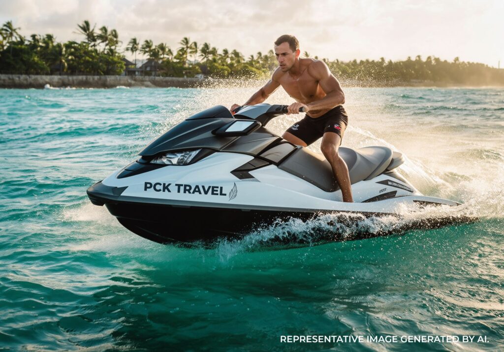 Rider speeding on a jet ski across bright turquoise water in the Bahamas