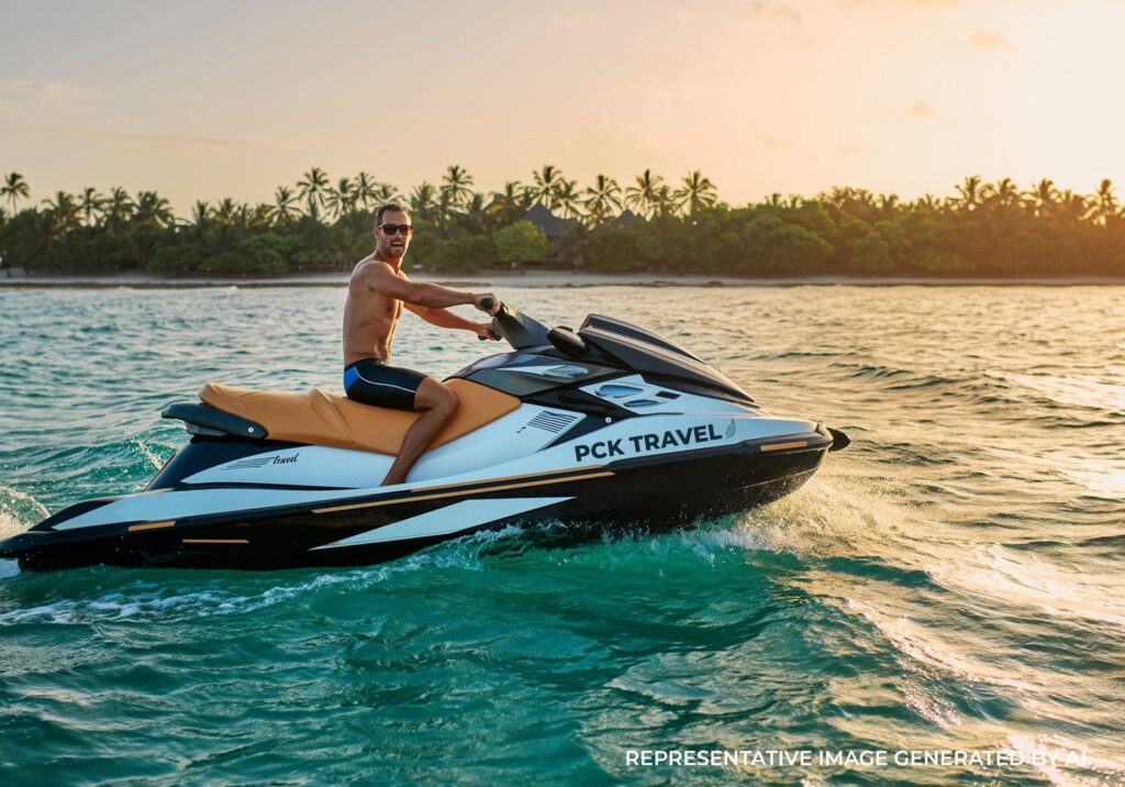 Man riding a jet ski across turquoise water near a palm lined Bahamas shoreline