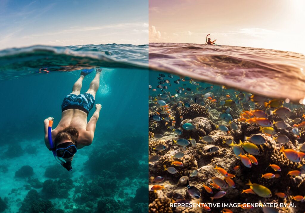 Man snorkeling above a colorful coral reef with schools of tropical fish at golden hour, split-water view showing underwater marine life and warm sunset sky above,