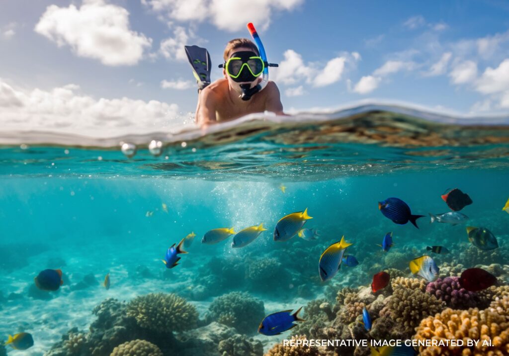 Over under view of a snorkeler above a coral reef with tropical fish swimming below