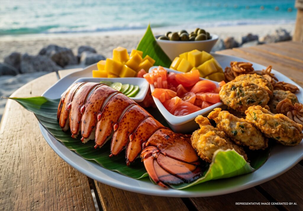 An AI representative photograph of a Bahamian seafood platter with fruit on a beachside platter.
