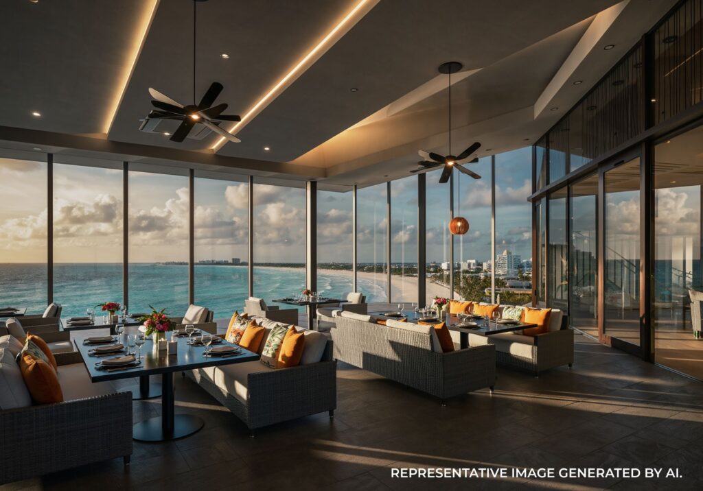 Modern restaurant interior with floor to ceiling windows overlooking the ocean