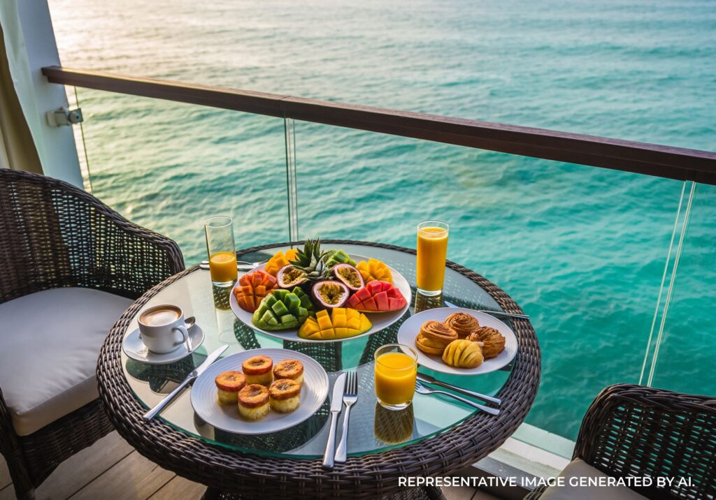 Breakfast tray with fruit, pastries, and drinks set above turquoise ocean water