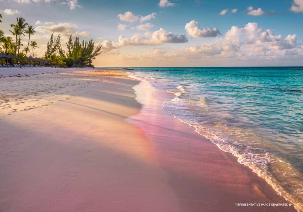 An AI representative image of a beach with turquoise blue water, pink hues in the sand, and palm trees.