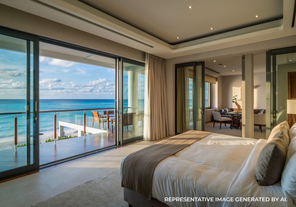 Luxury bedroom with floor to ceiling windows overlooking turquoise ocean water