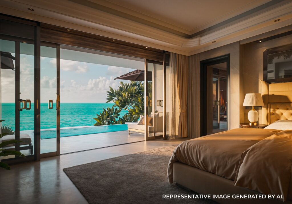 Resort bedroom with soft lighting and a private patio overlooking turquoise Bahamas water