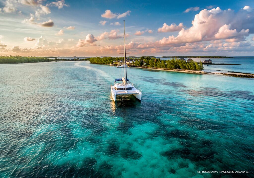 n AI representative image of a catamaran cruise through the Bahamas with turrquoise blue waters and coral.