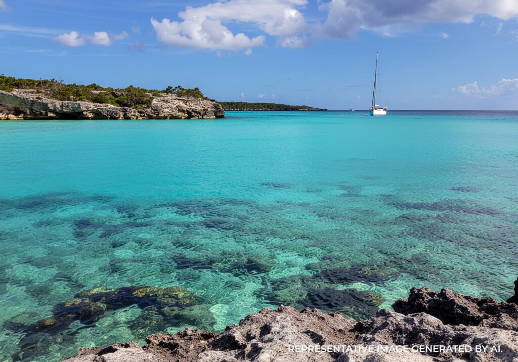 Bright turquoise ocean water washing over rocks on a sunny Bahamas day