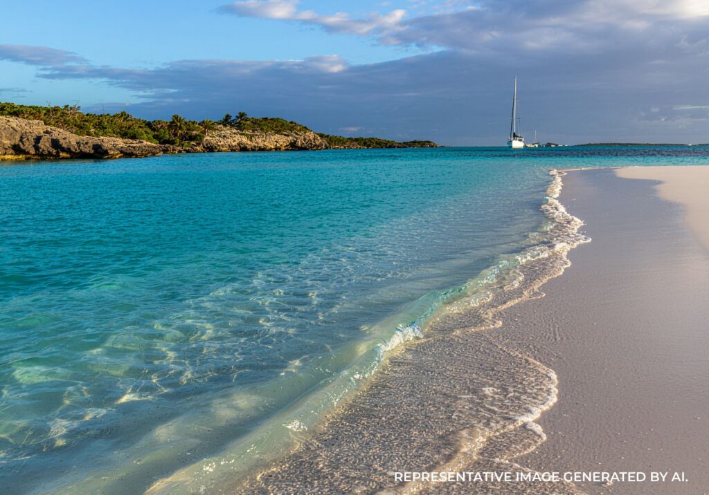 Gentle waves rolling over shallow clear water on a white sand Bahamas beach