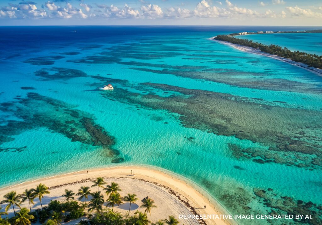 Aerial view of bright turquoise Bahamas water with a sweeping sandbar and shallow reef patterns
