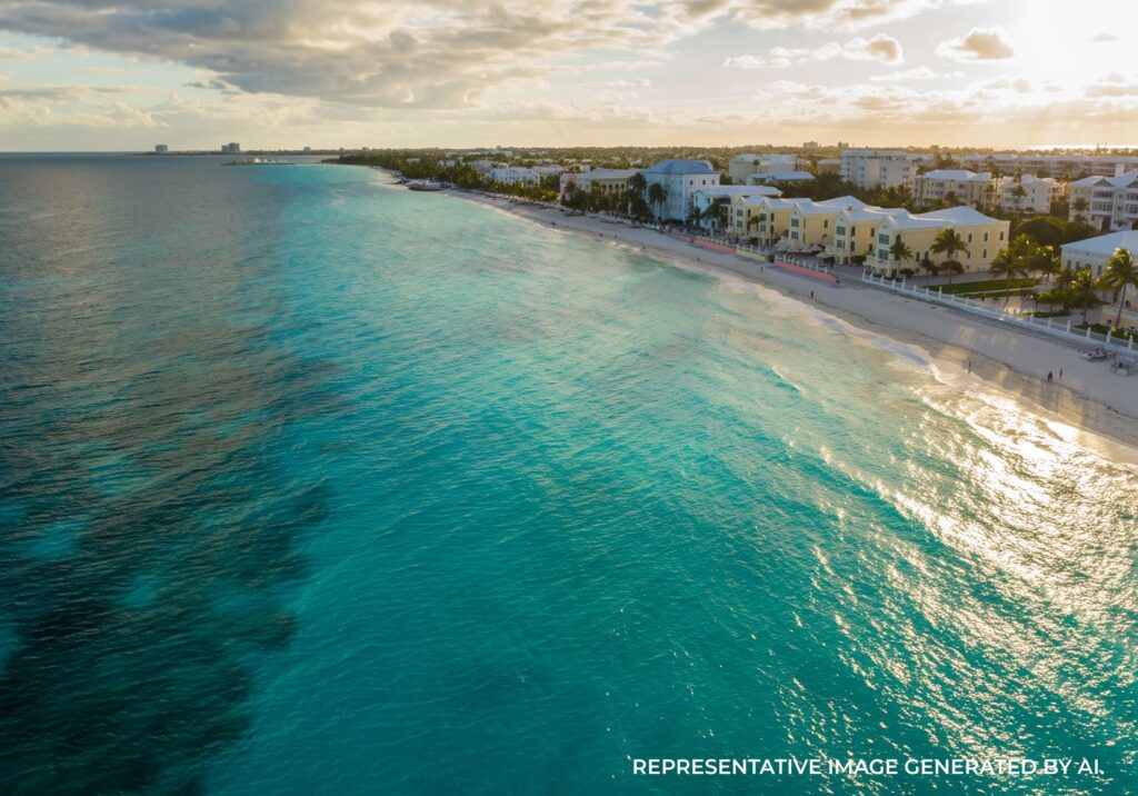 Aerial image of clear turquoise Bahamas ocean water along a coastal town shoreline