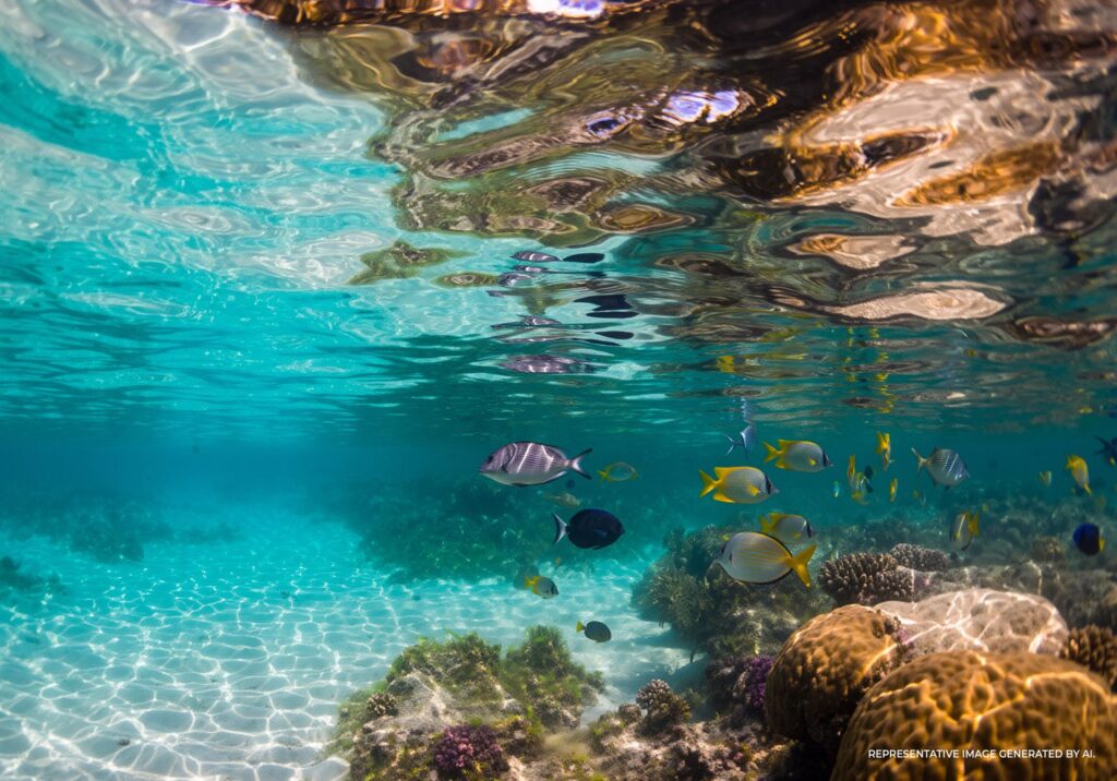 An AI representative image of a n underswater photo with turqoise blue water, coral, and fish swimming.