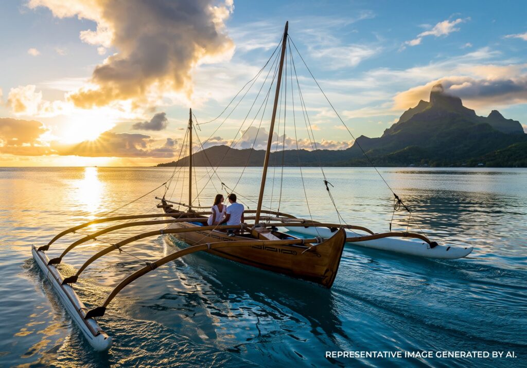 AI generated image showing a couple riding a long outrigger canoe across still turquoise water at sunset with Mount Otemanu visible in the background.