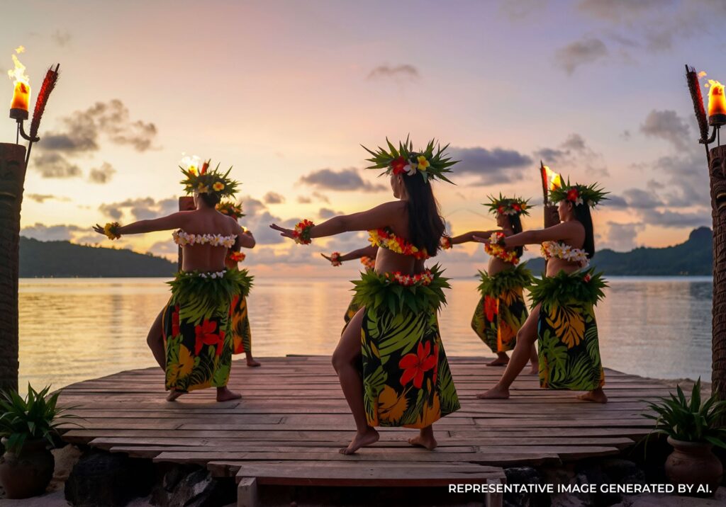 Polynesian dancers performing on the beach during a cultural experience in Bora Bora.