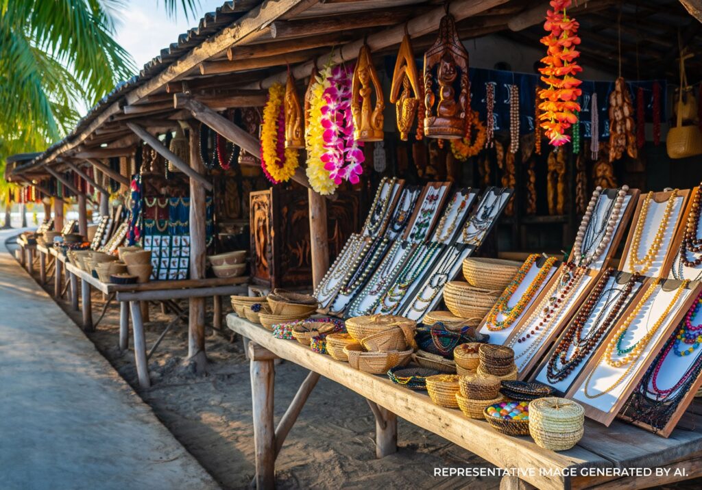 AI generated image of a Bora Bora outdoor market stall displaying Polynesian handicrafts, colorful leis, carved wooden art, and handcrafted jewelry under a rustic thatched roof.