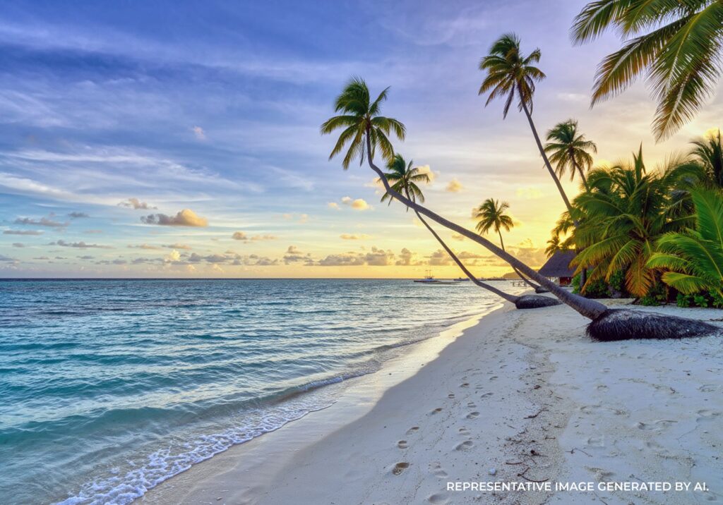 Palm trees framing a quiet Bora Bora beach overlooking calm turquoise water.