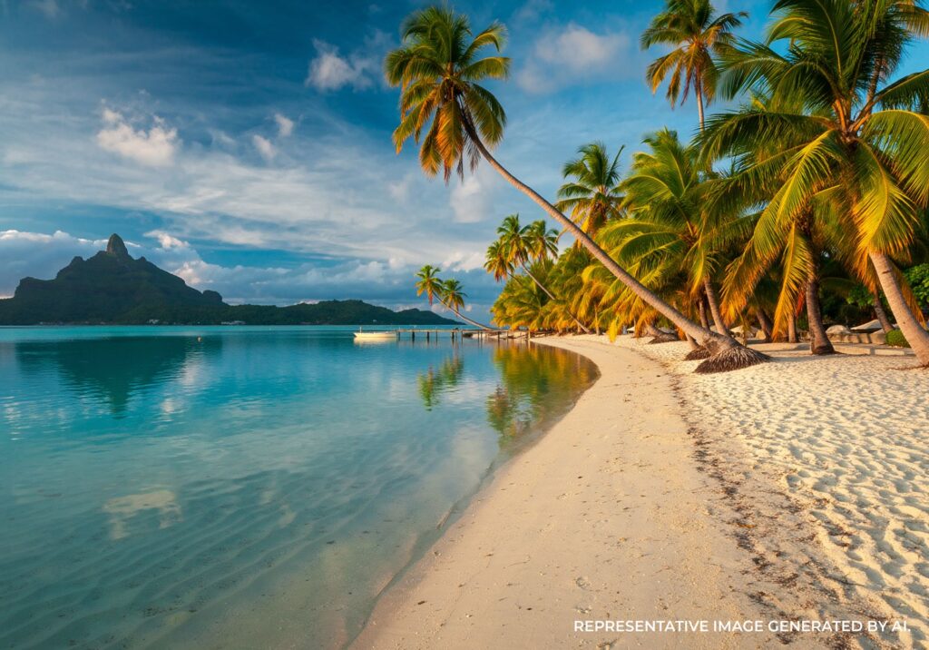 Sunlit tropical beach with clear water and lush green palms in Bora Bora.