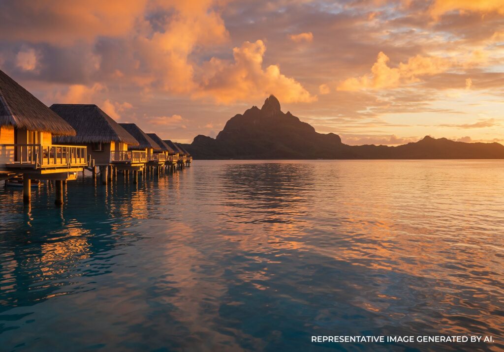 Sun setting behind tropical palm trees along a quiet beach in Bora Bora.