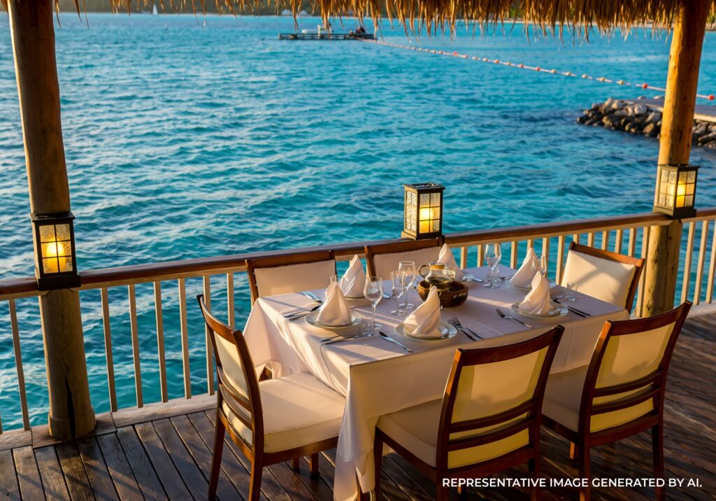 Private dining setup with lanterns and ocean views on a Bora Bora beach.