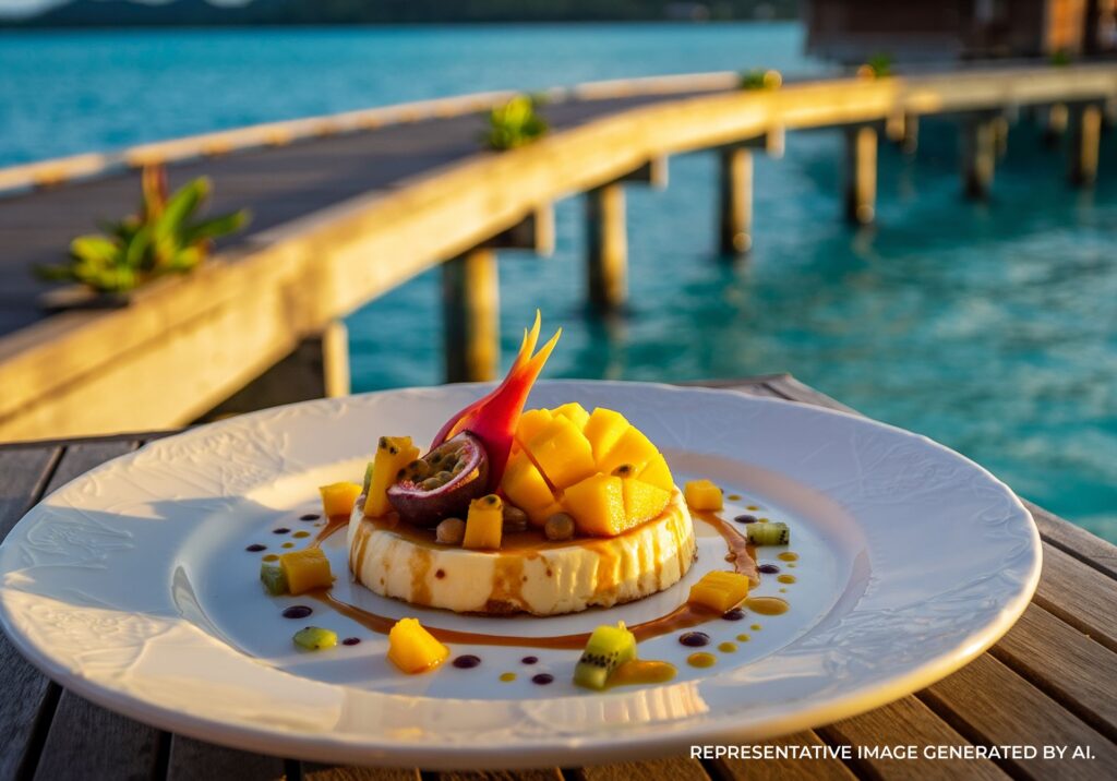 A panna cotta style dessert topped with mango, vanilla bean, and edible flowers served with overwater villas in the background.