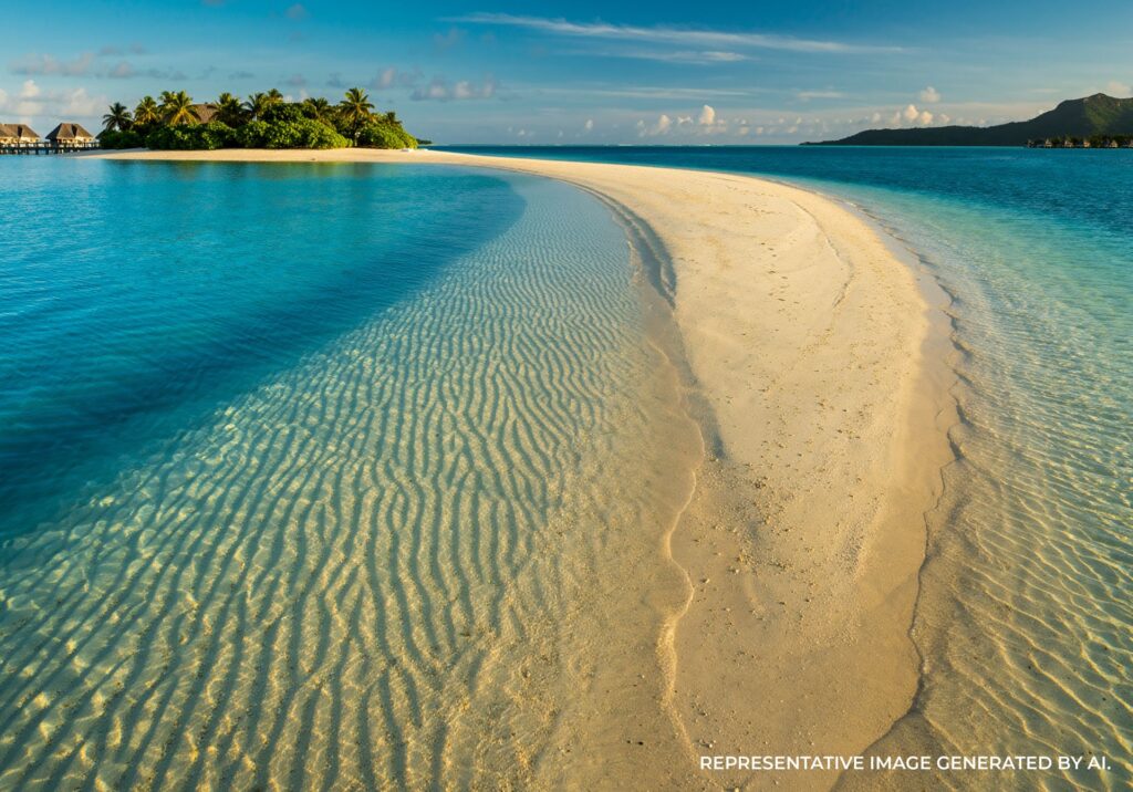A bright white sandbar surrounded by shallow turquoise water in Bora Bora.