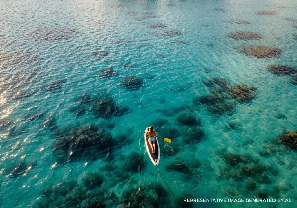 A woman paddleboards over shallow turquoise water with coral formations visible beneath the surface.
