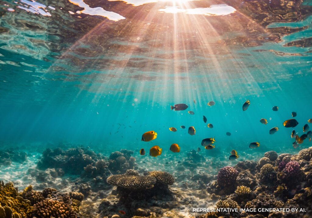 Shallow coral reef visible through bright turquoise lagoon water.