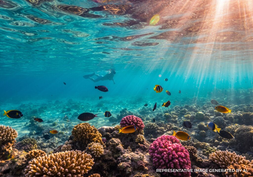Close view of coral and small fish in Bora Bora’s shallow lagoon.