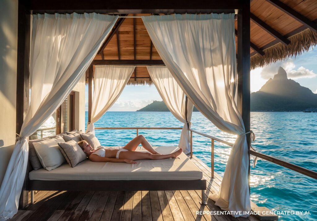 Spa massage table overlooking lagoon water in a peaceful Bora Bora setting.