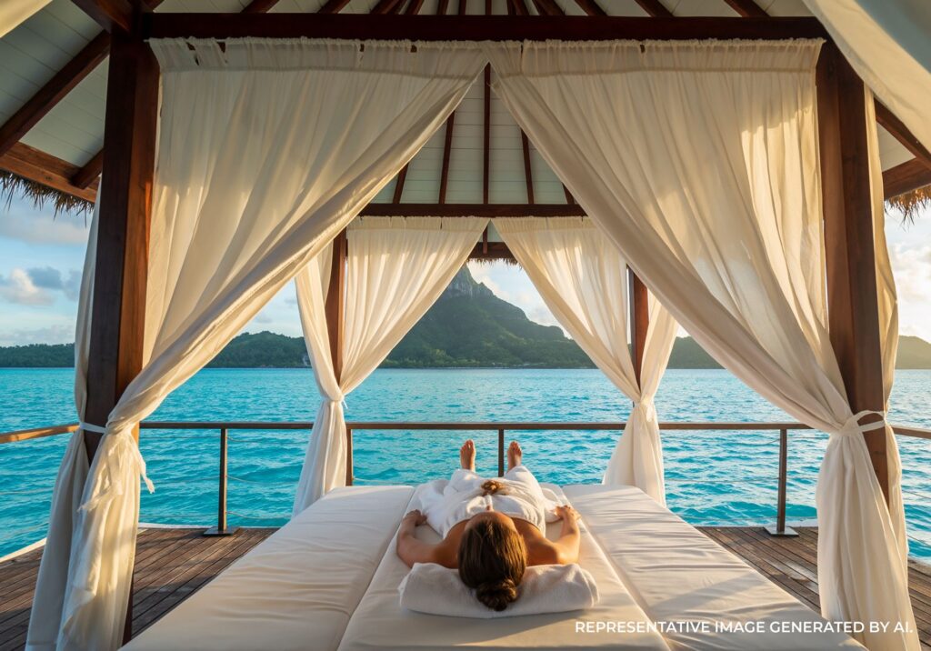 A peaceful spa deck overlooking clear turquoise lagoon water in Bora Bora.